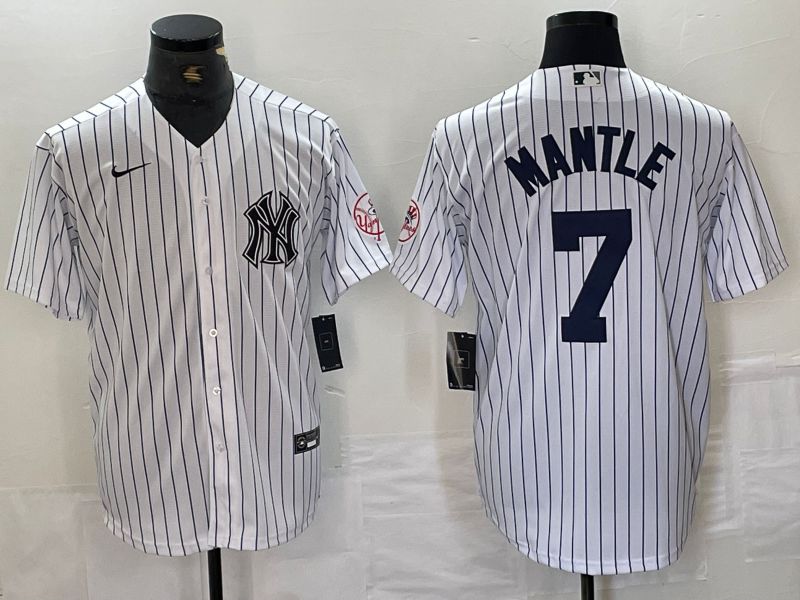 Men New York Yankees 7 Mantle White Stripe Second generation joint name Nike 2024 MLB Jersey style 1